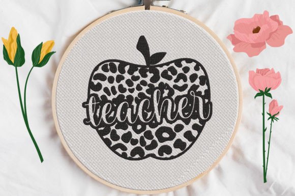 Teacher Sign Leopard Skin Apple Embroidery